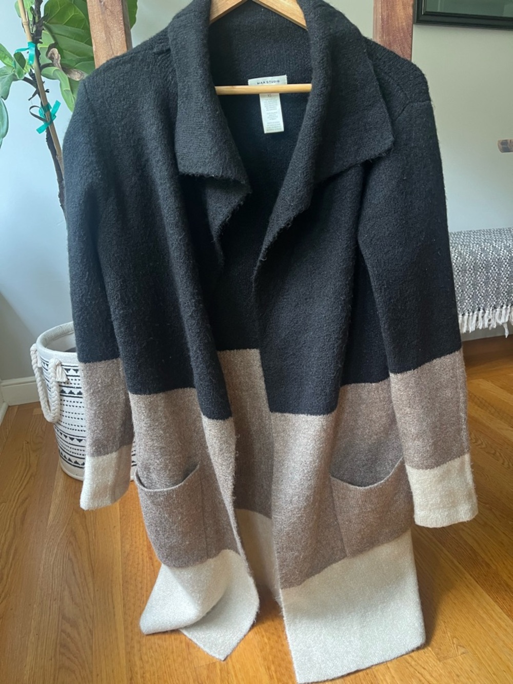 Max Studio Black, Brown, Cream Striped Open-Front Cardigan